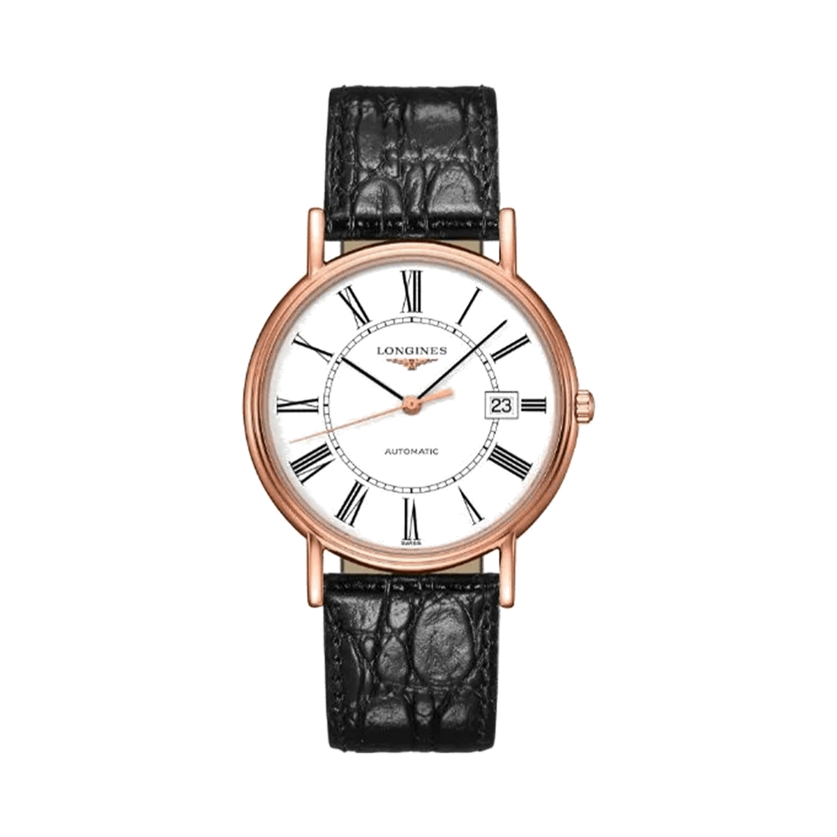 Longines Presence Automatic Rose Gold Dial Black Leather Watch