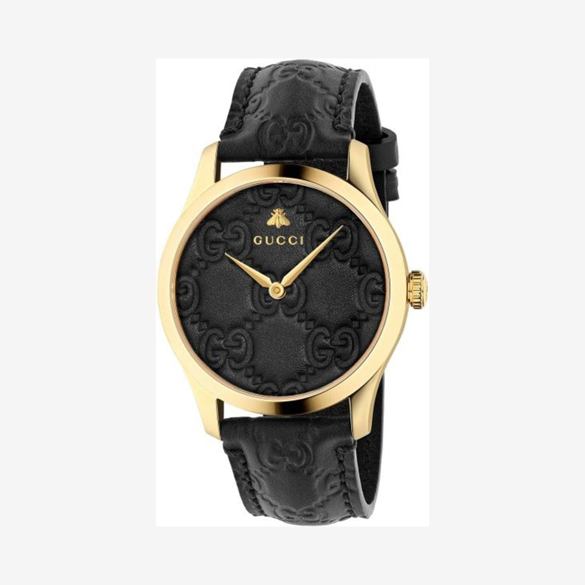 Gucci G-Timeless Gold Tone Embossed Black Leather Wristwatch