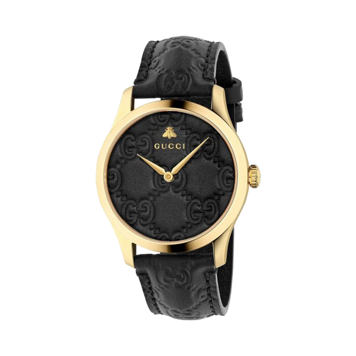 Gucci G-Timeless Gold Tone Embossed Black Leather Wristwatch