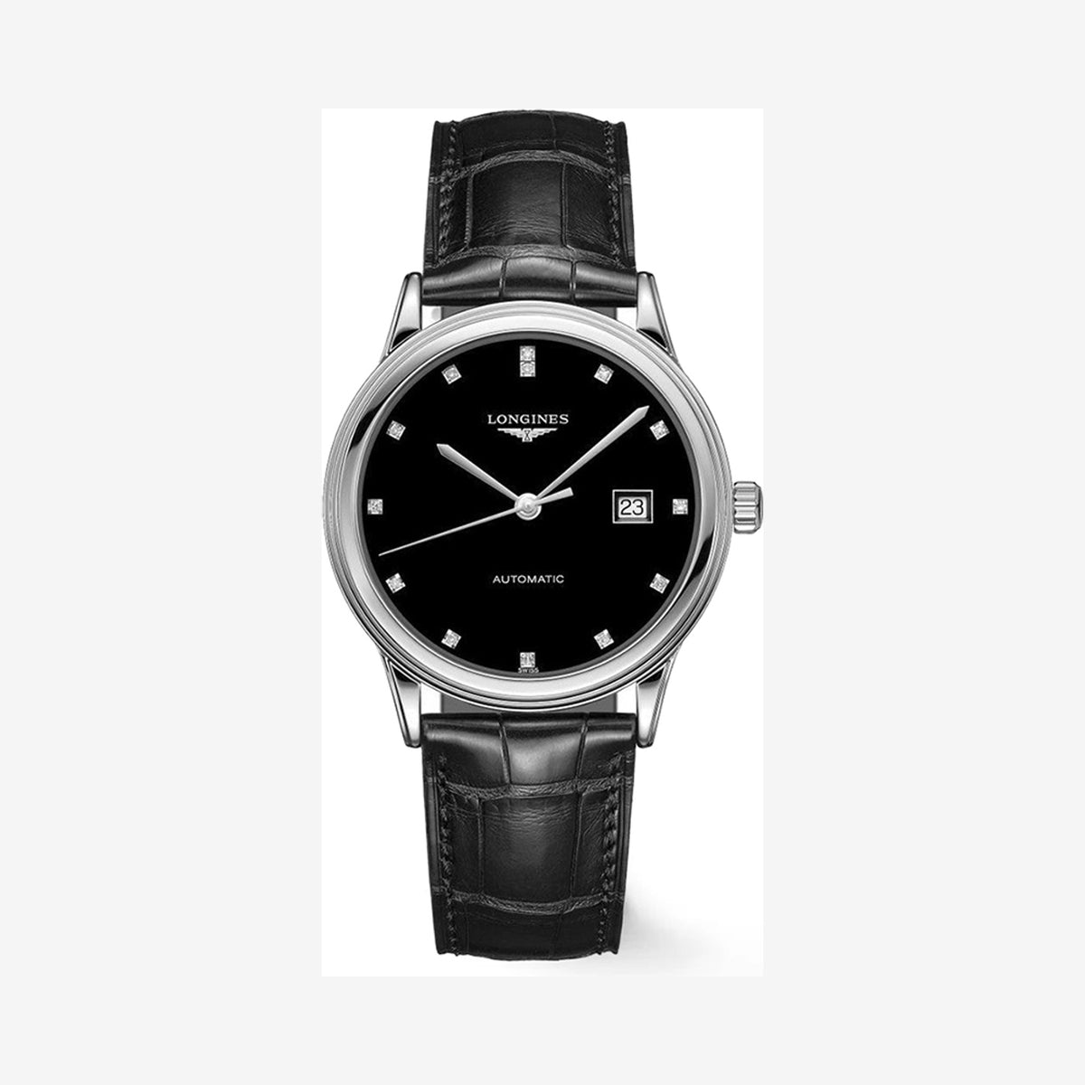 Longines Flagship Automatic Black Diamond Dial Black Leather Strap Unisex Watch