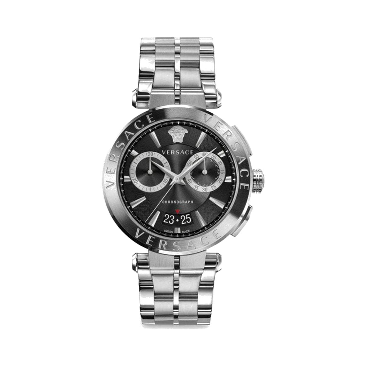 Versace Men’s Quartz Swiss Made Silver Stainless Steel Black Dial 45mm Watch