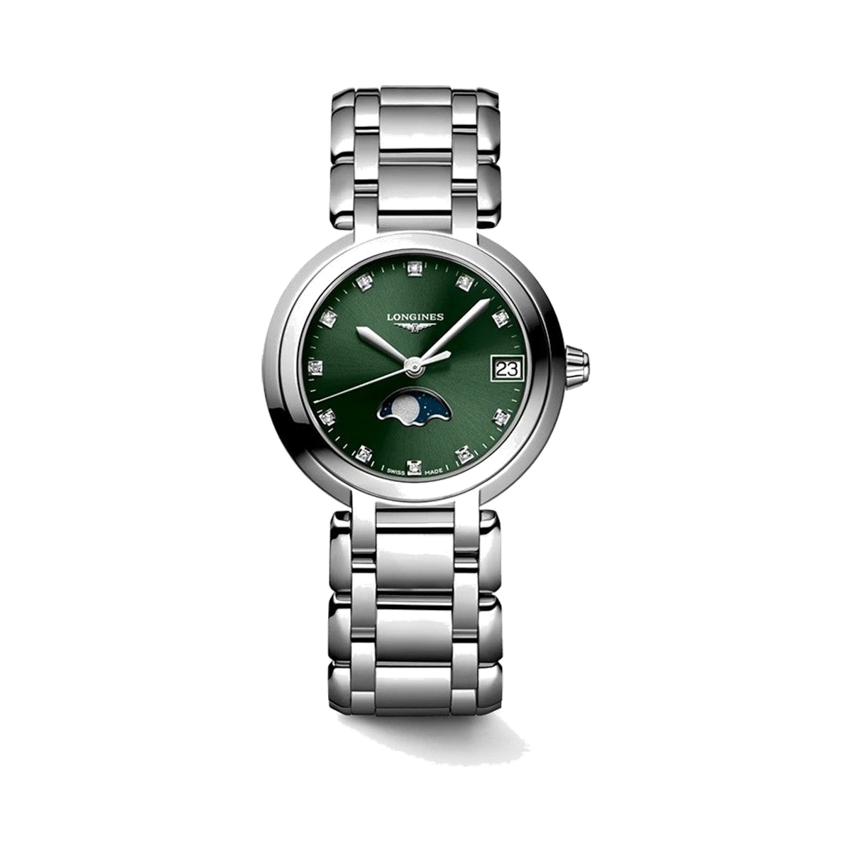 Longines PrimaLuna Moon Phase Quartz Watch - 30.5 mm Steel Case - Green Diamond Dial - Bracelet