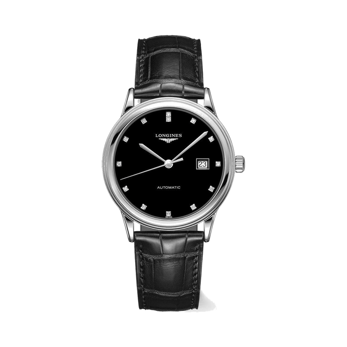 Longines Flagship Automatic Black Diamond Dial Black Leather Strap Unisex Watch - Lc Watches