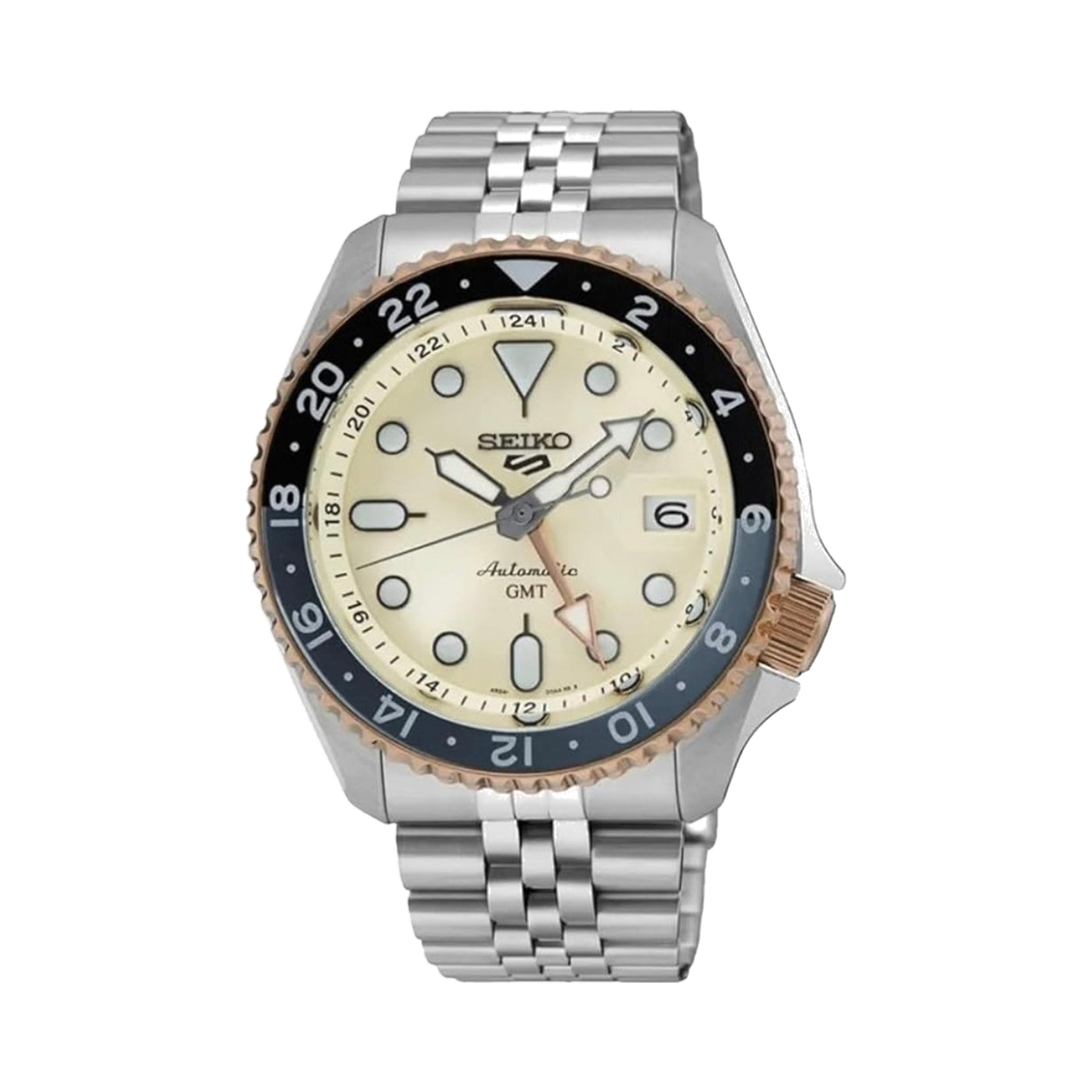 SEIKO Men Analogue Cream Dial Silver Band 5 Sports GMT Asian Limited Edition Mechanical Watch - SSK046K1