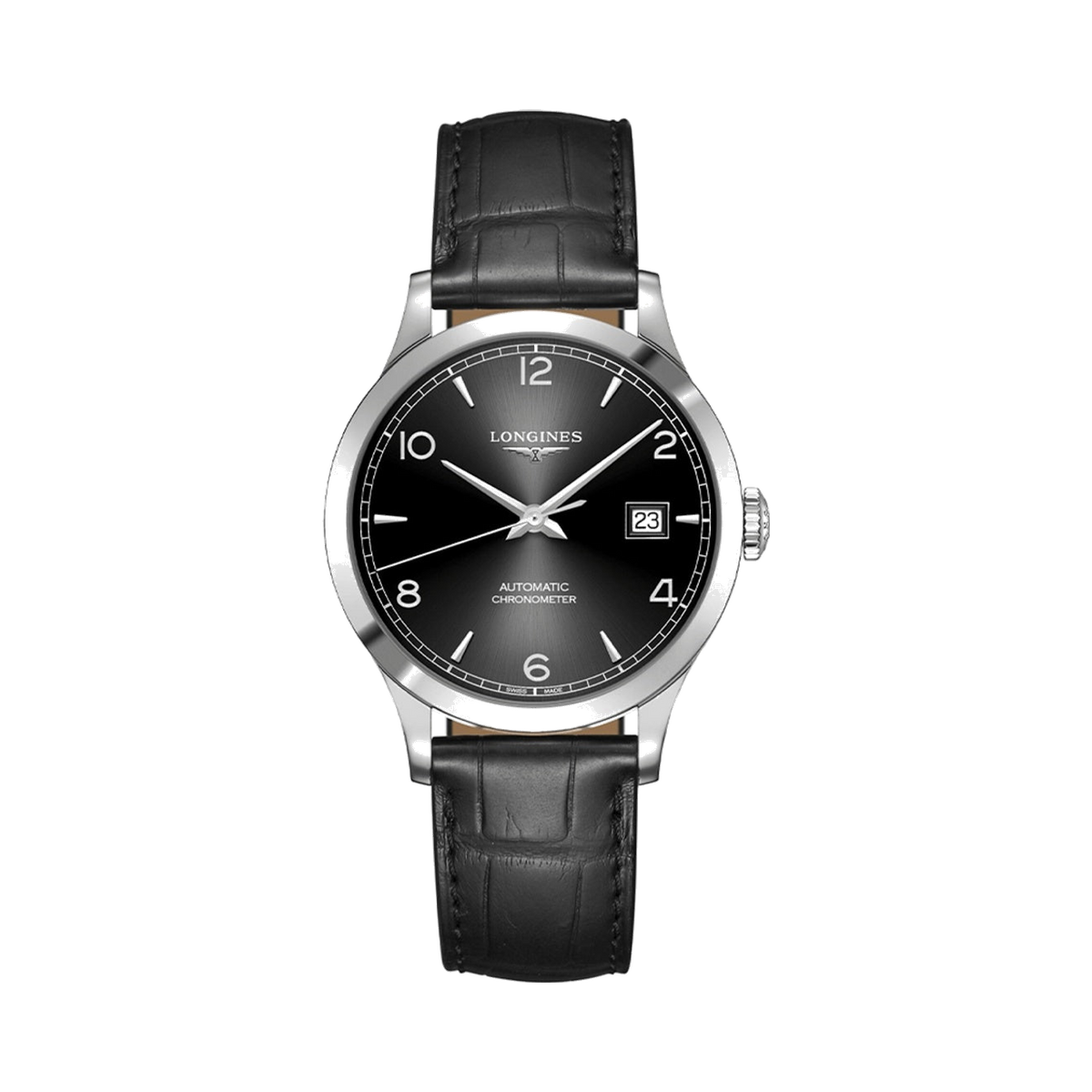 Longines -  Record 26mm Stainless Steel / Black-Arabic / Alligator watch