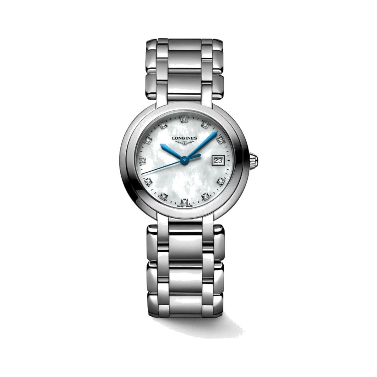 Longines PrimaLuna Automatic Watch - 30 mm Steel Case - White Mother-Of-Pearl Diamond Dial - Bracelet